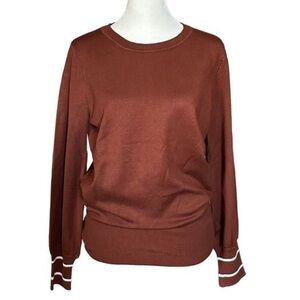 Nine West Cocoa Loco Balloon Sleeve Varsity Stripe Cuff Sweater Brown Sz Medium